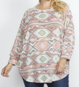 3/4 Sleeve Coral Aztec Shirt