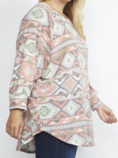 3/4 Sleeve Coral Aztec Shirt